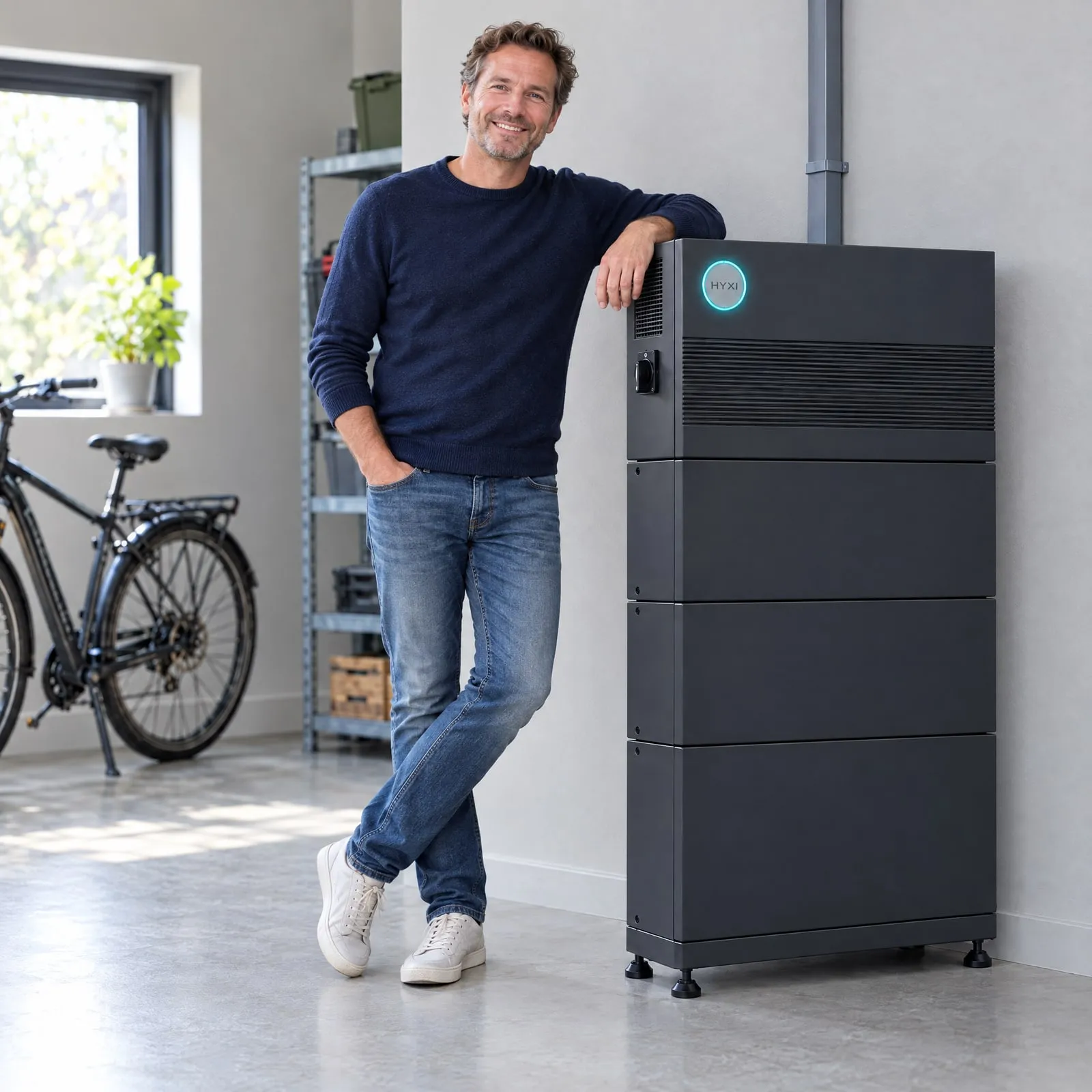 Huiseigenaar naast zijn HYXI AURA-thuisbatterij