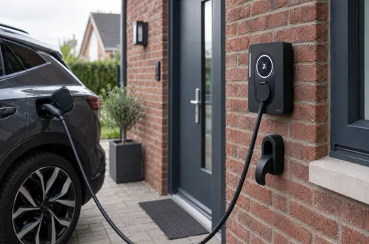 Zaptec Go 2-laadpaal aan de bakstenen gevel van een woning, met een elektrische auto aan de laadkabel