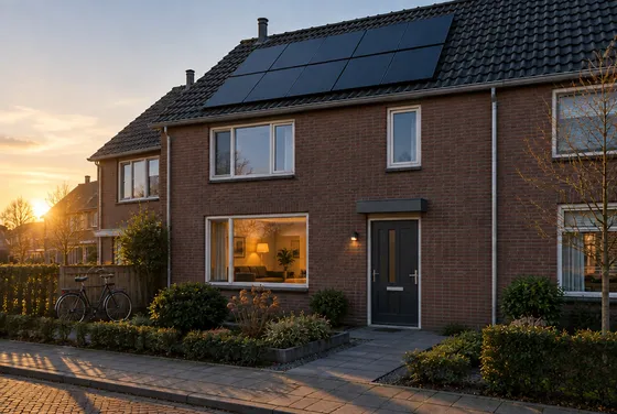 Rijtjeswoning met zonnepanelen op het dak bij zonsondergang, met licht aan in de woonkamer