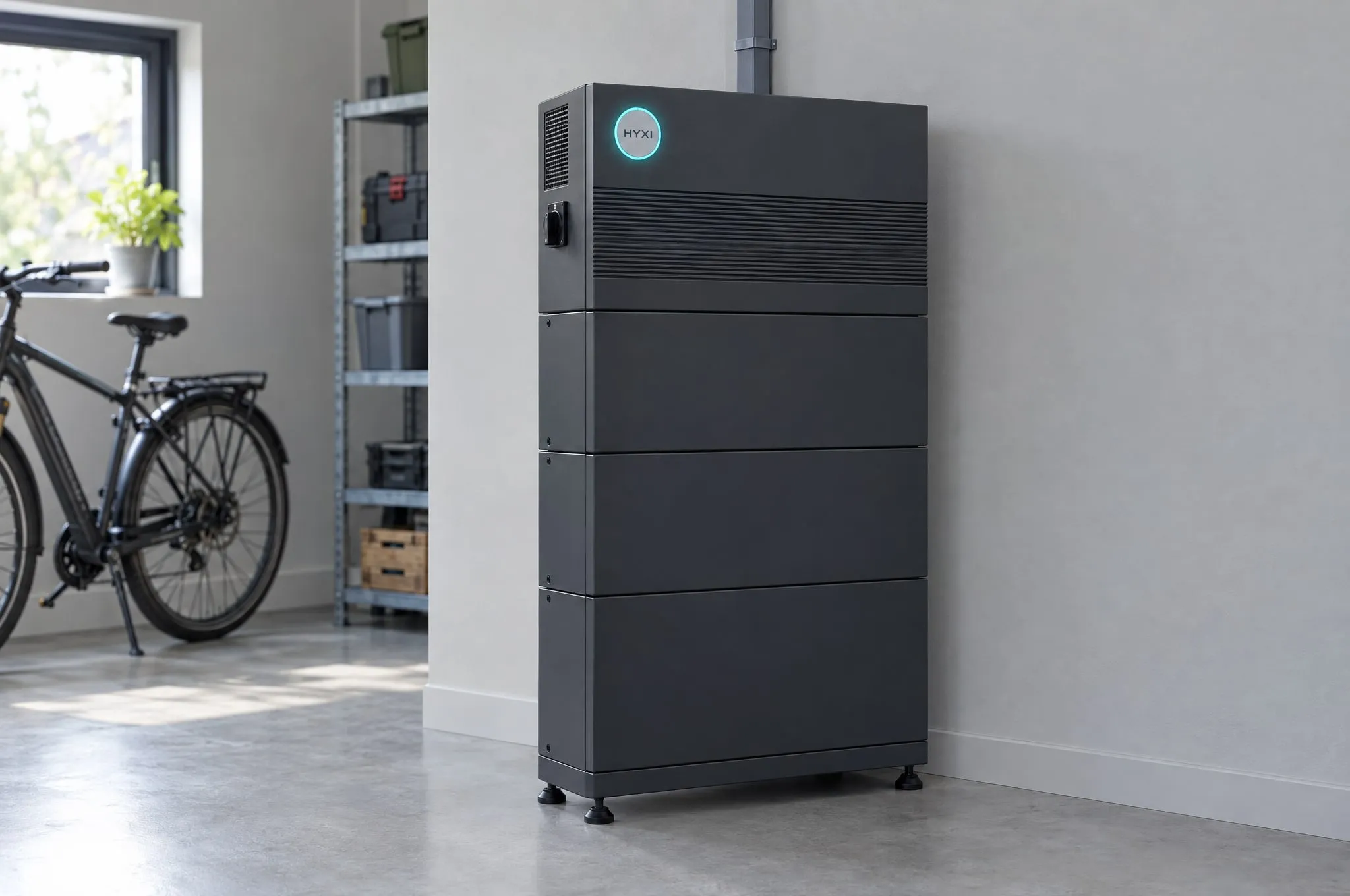 HYXI AURA-thuisbatterij met omvormer in een bijkeuken