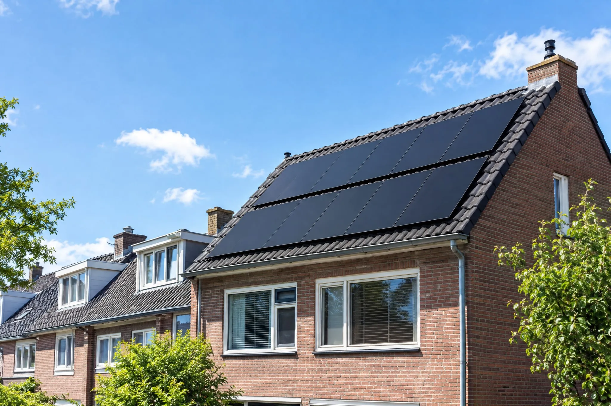 Twee rijen zwarte zonnepanelen op het pannendak van een rijtjeshuis